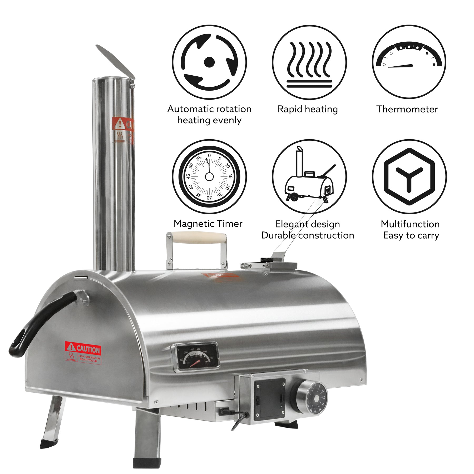 Pizza Oven Outdoor 12" Automatic Rotatable Pizza Ovens Portable Stainless Steel Wood Fired Pizza Oven Pizza Maker with Built-in Thermometer Pizza Cutter Carry Bag - Tonkn