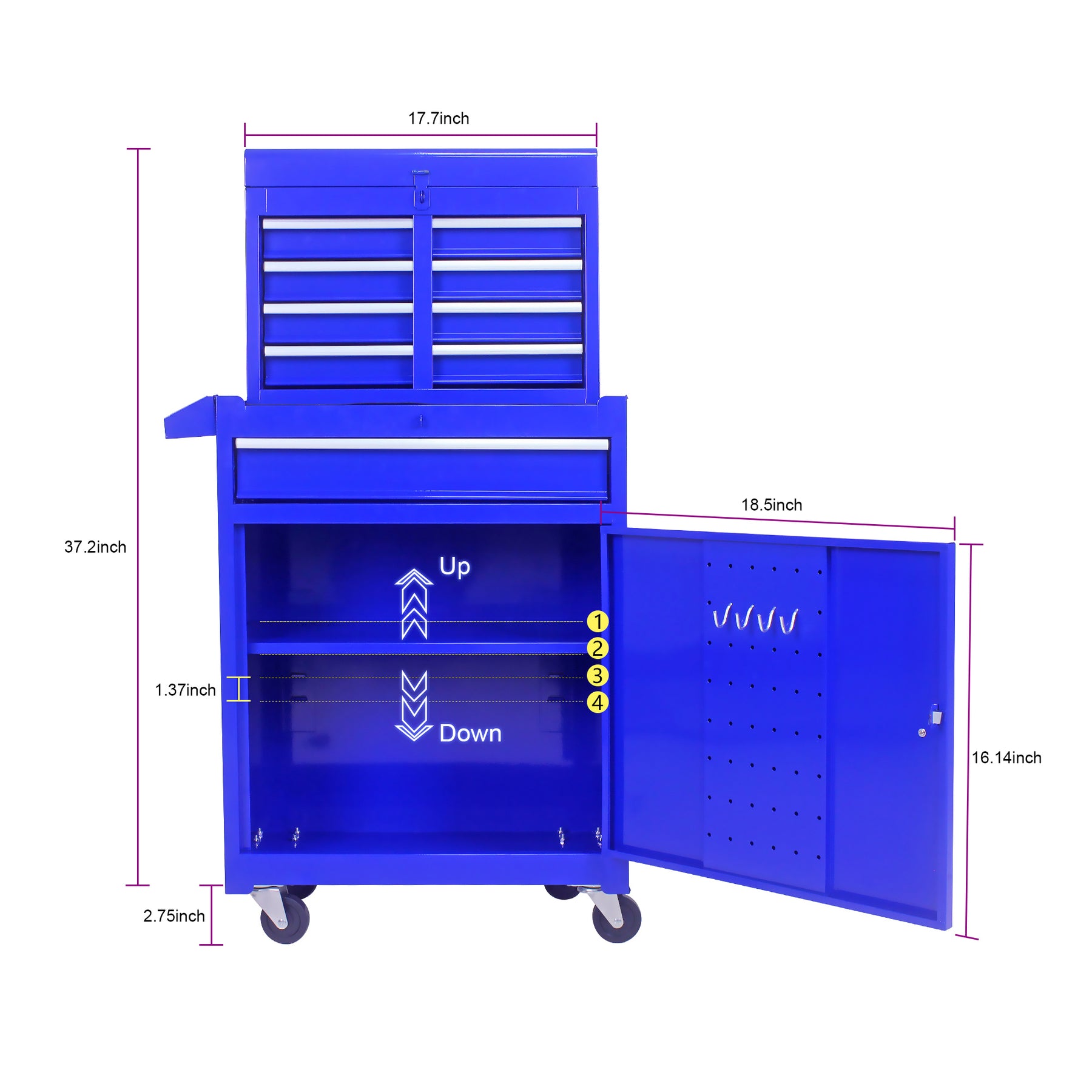 Detachable 5 Drawer Tool Chest with Bottom Cabinet and One Adjustable Shelf--Blue - Tonkn