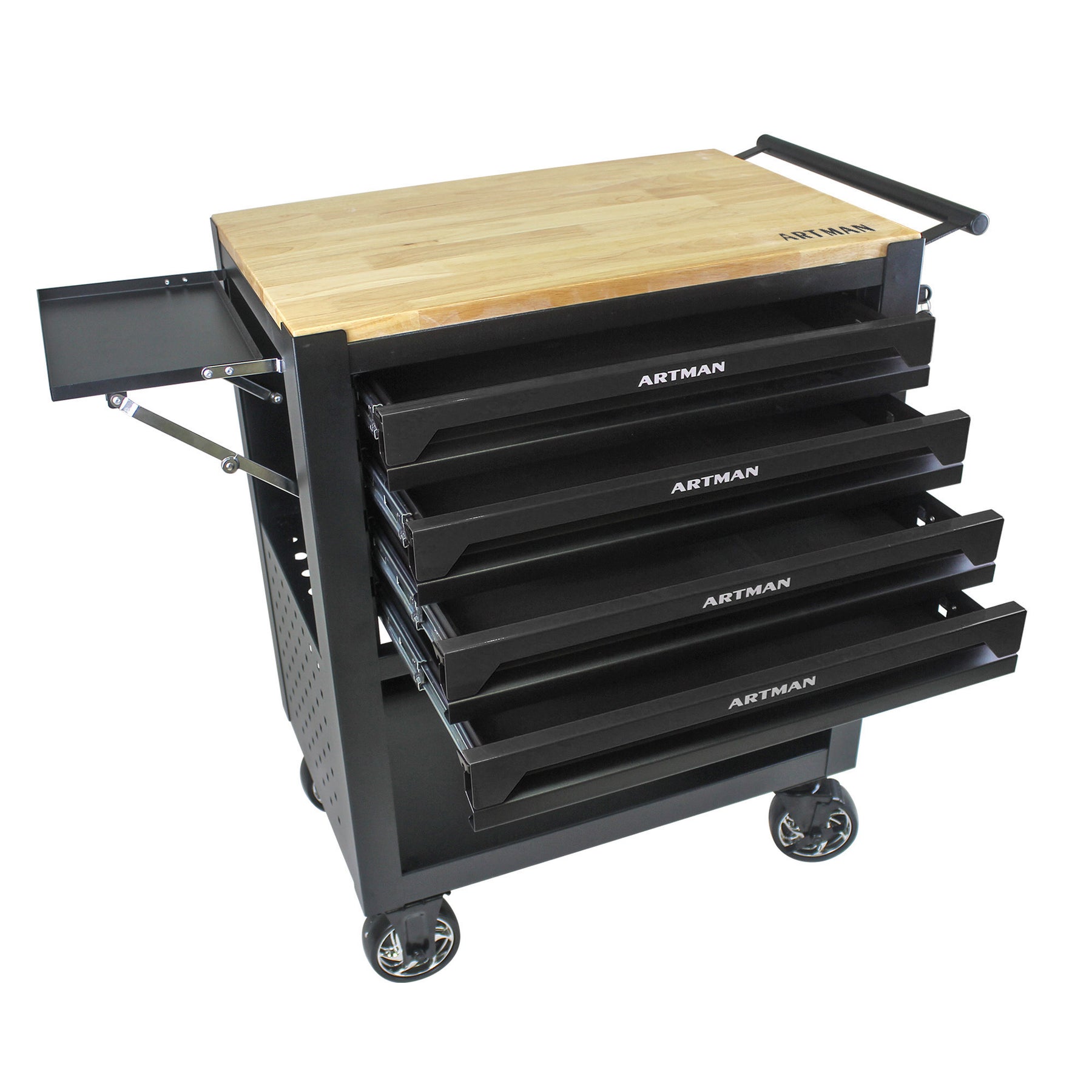 4 DRAWERS MULTIFUNCTIONAL TOOL CART WITH WHEELS AND WOODEN TOP-BLACK - Tonkn