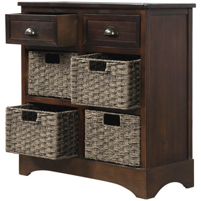 TREXM Rustic Storage Cabinet with Two Drawers and Four Classic Rattan Basket for Dining Room/Living Room (Espresso) - Tonkn