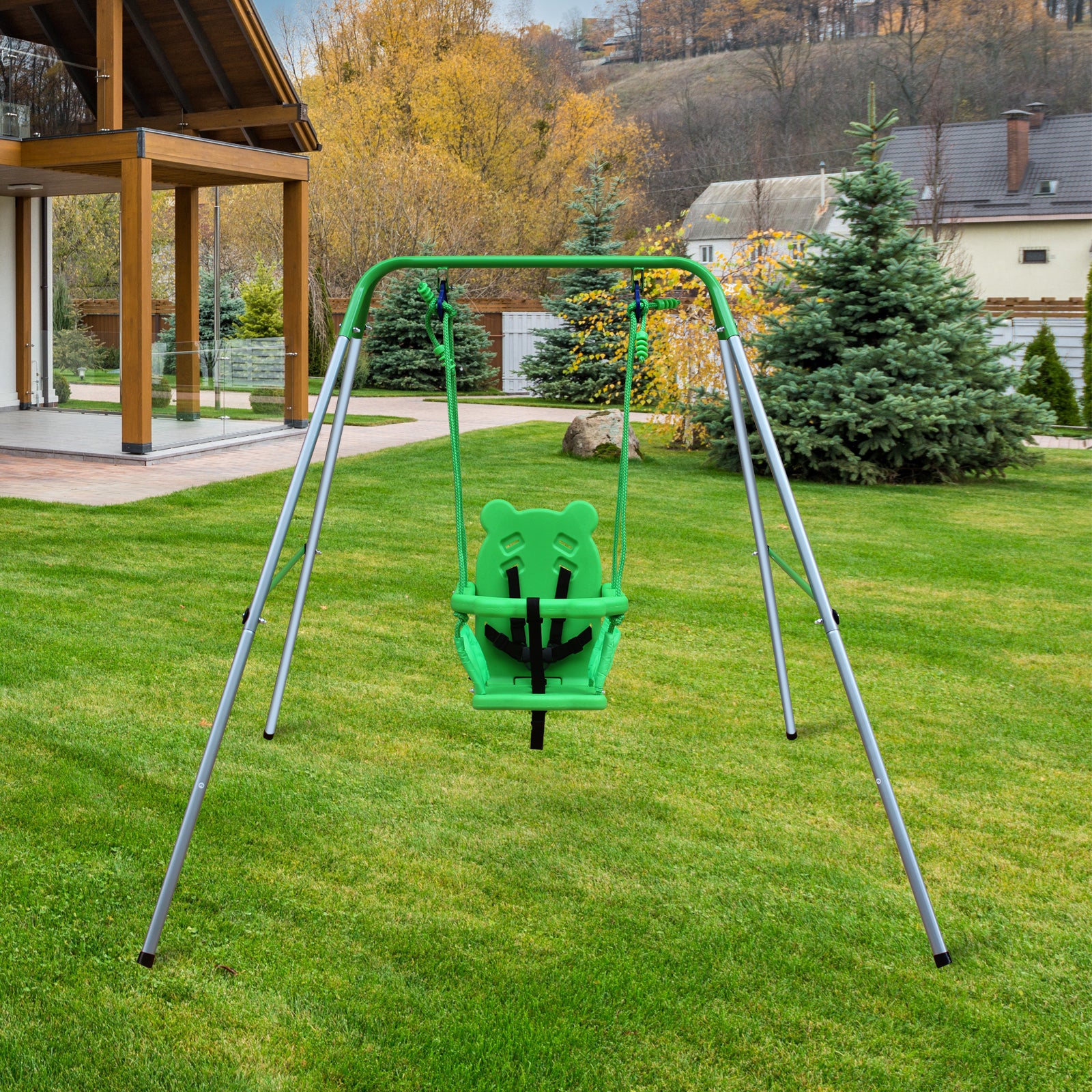 Toddler Baby Swing Set Indoor Outdoor Folding Metal Swing Frame with Safety Harness and Handrails for Backyard - Tonkn