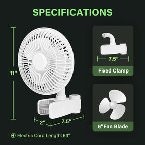 HealSmart 6-Inch Grow Tent Poles Clip Fan, Monkey Fan, Manually Adjustable 90° Angles, 15W, 2-Speeds Control, 63 inch Cord Length, White - Tonkn