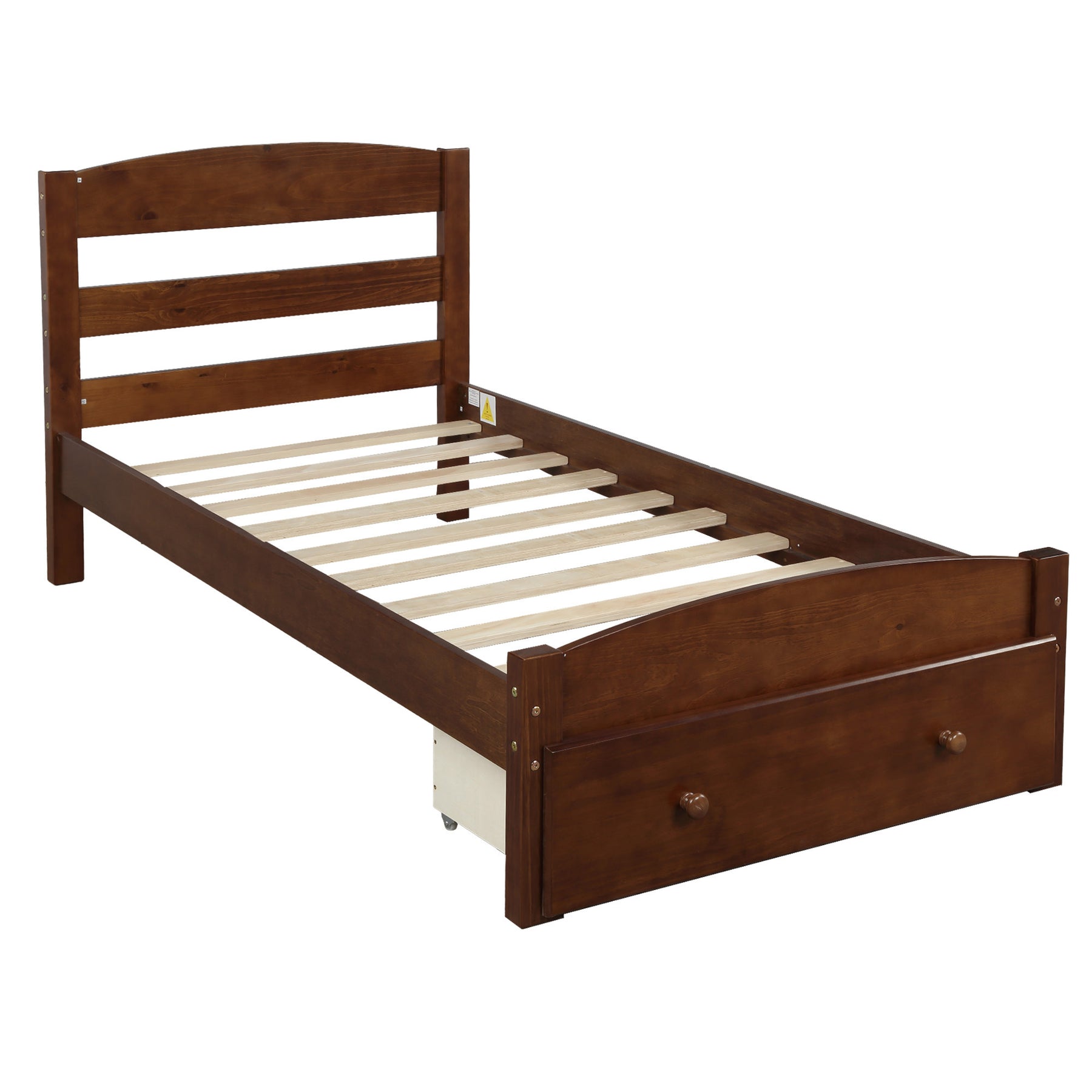 Platform Twin Bed Frame with Storage Drawer and Wood Slat Support No Box Spring Needed, Walnut - Tonkn