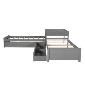 L-shaped Platform Bed with Trundle and Drawers Linked with built-in Desk,Twin,Gray - Tonkn