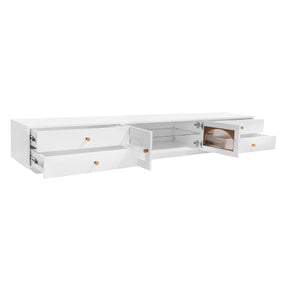 ON-TREND Luxurious TV Stand with Fluted Glass Doors, Elegant and Functional Media Console for TVs Up to 90'', Tempered Glass Shelf TV Cabinet with Multiple Storage Options, White - Tonkn