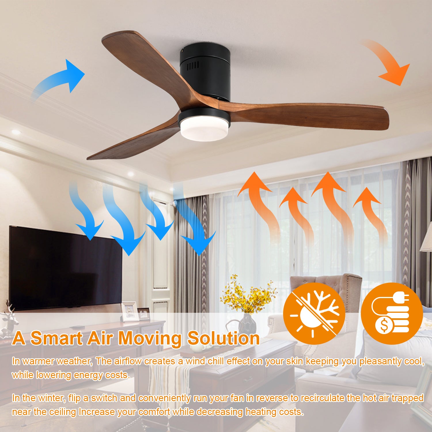 Low Profile Ceiling Fan With Lights 3 Carved Wood Fan Blade Noiseless Reversible Motor Remote Control With Light - Tonkn
