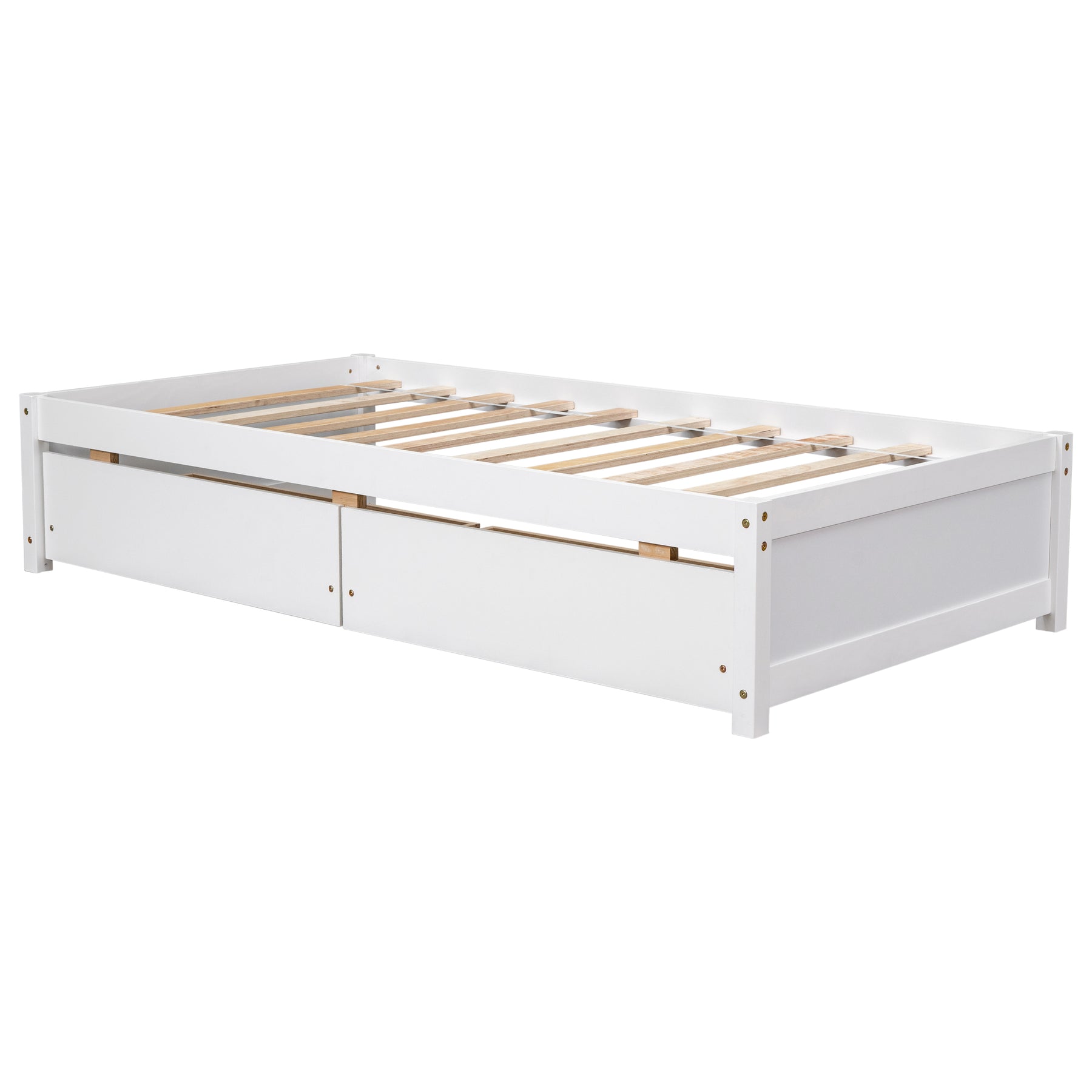 Twin Bed with 2 Drawers, Solid Wood, No Box Spring Needed ,White - Tonkn