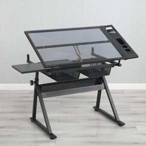 black adjustable tempered glass drafting printing table with chair - Tonkn