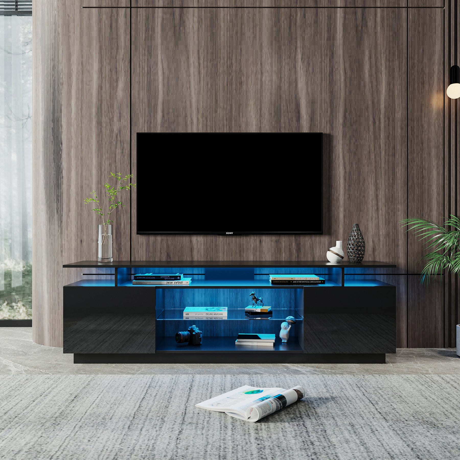 Black TV Stand for 80 Inch TV Stands, Media Console Entertainment Center Television Table, 2 Storage Cabinet with Open Shelves for Living Room Bedroom - Tonkn