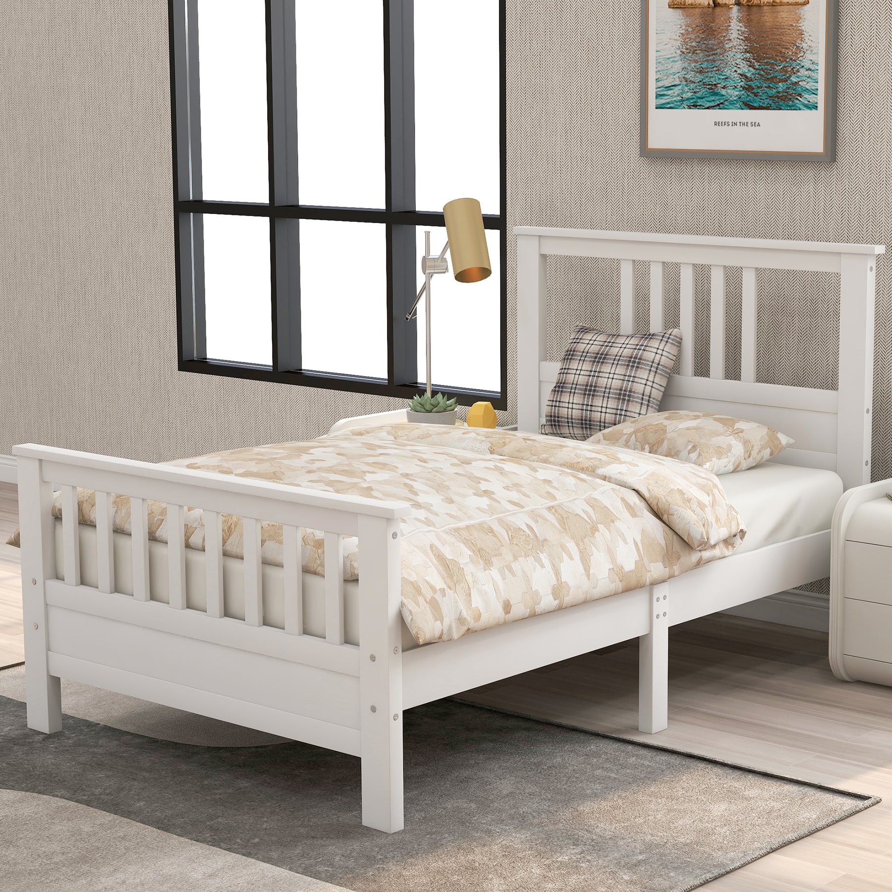 Wood Platform Bed with Headboard and Footboard, Twin (White) - Tonkn
