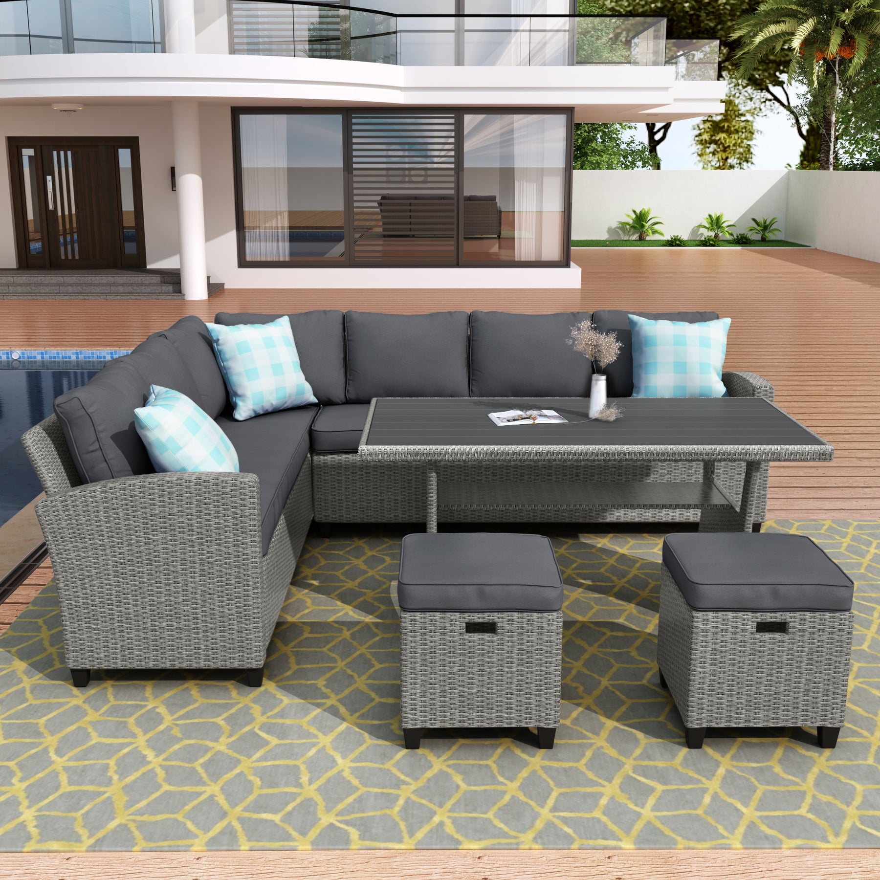 U_STYLE Patio Furniture Set, 5 Piece Outdoor Conversation Set,  Dining Table Chair with Ottoman and Throw Pillows - Tonkn