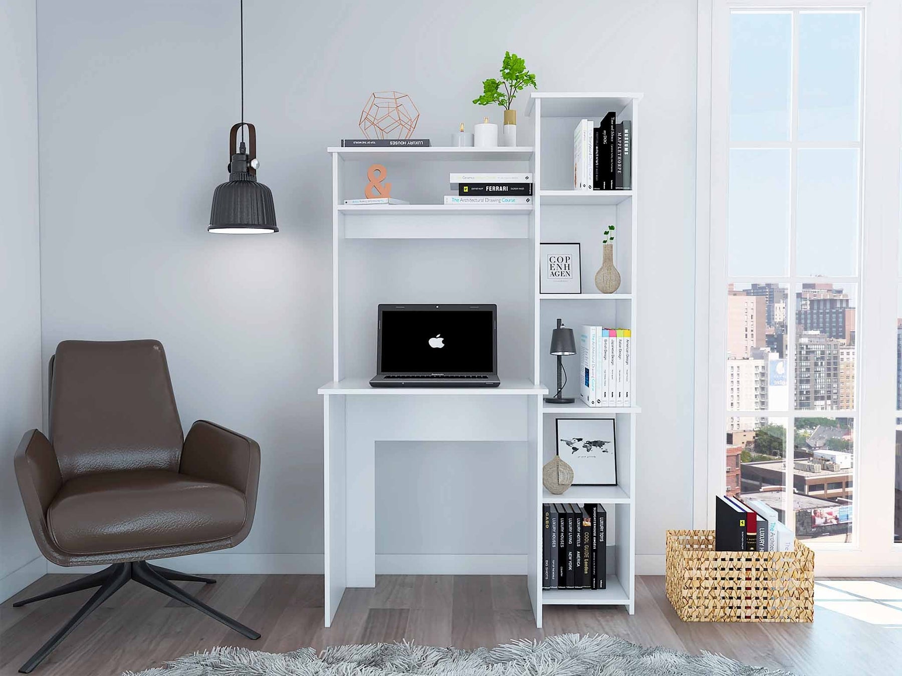 Marston 6-Shelf Writing Desk with Built-in Bookcase White - Tonkn