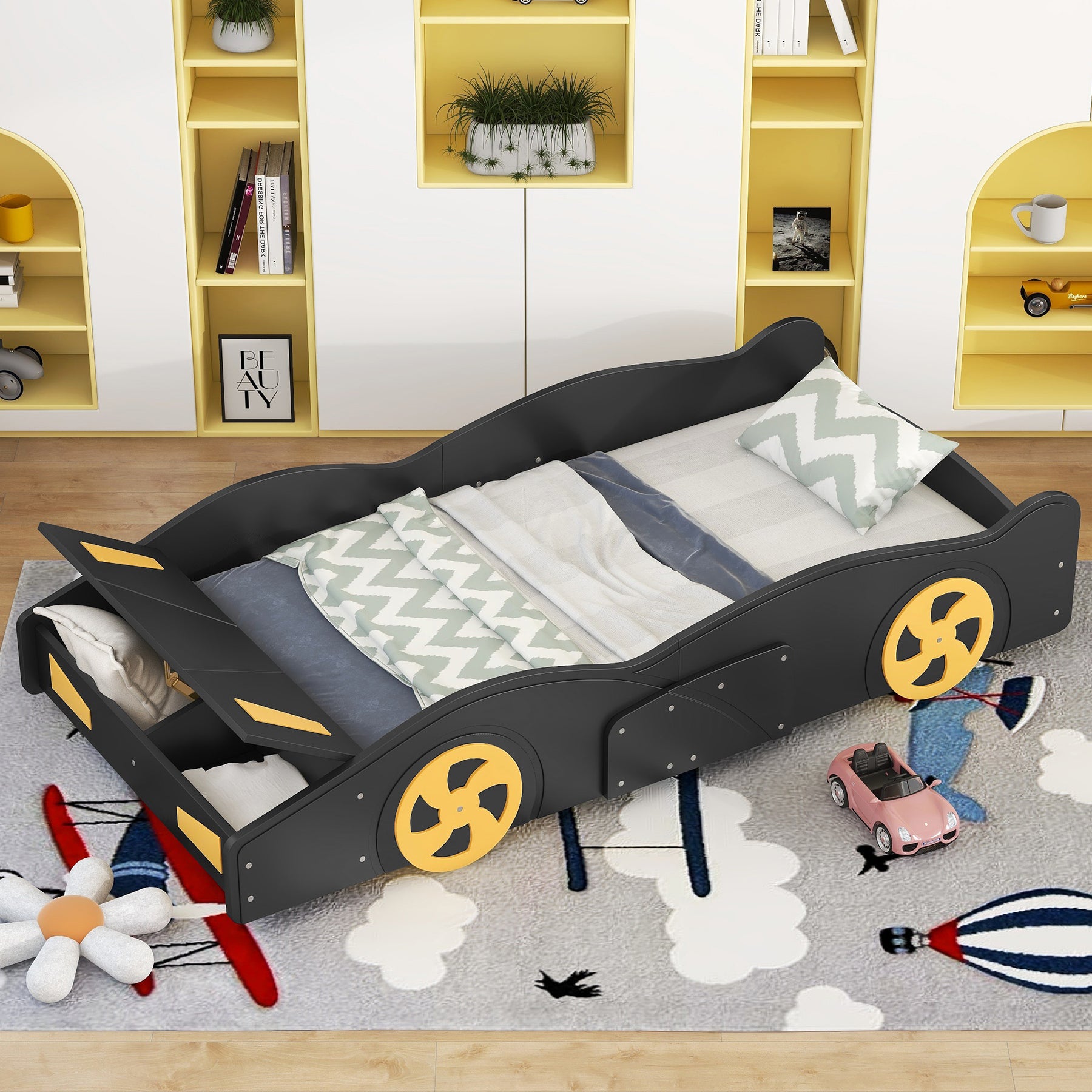 Twin Size Race Car-Shaped Platform Bed with Wheels and Storage, Black+Yellow - Tonkn