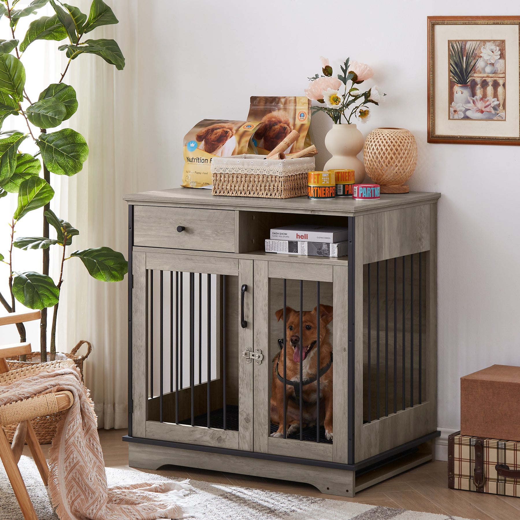 Furniture Dog crate, indoor pet crate end tables, decorative wooden kennels with removable trays. Grey, 32.3'' W x 22.8'' D x 33.5'' H. - Tonkn