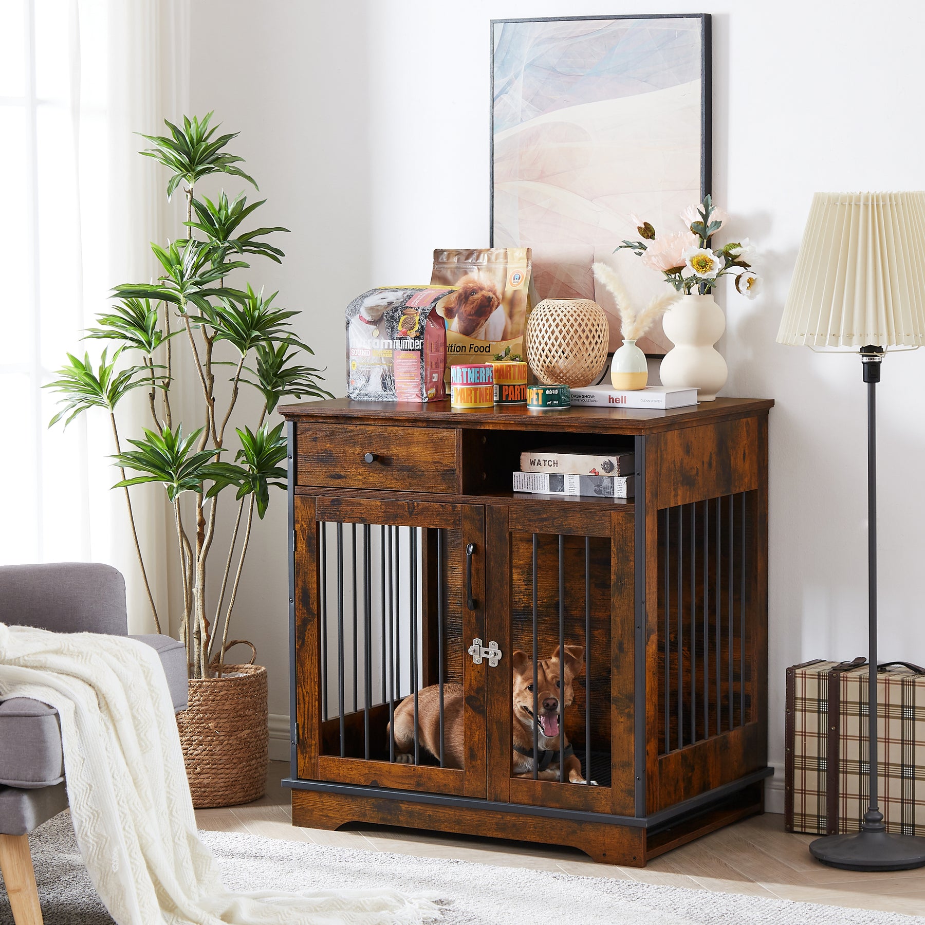 Furniture Dog crate, indoor pet crate end tables, decorative wooden kennels with removable trays. Rustic Brown, 32.3'' W x 22.8'' D x 33.5'' H. - Tonkn