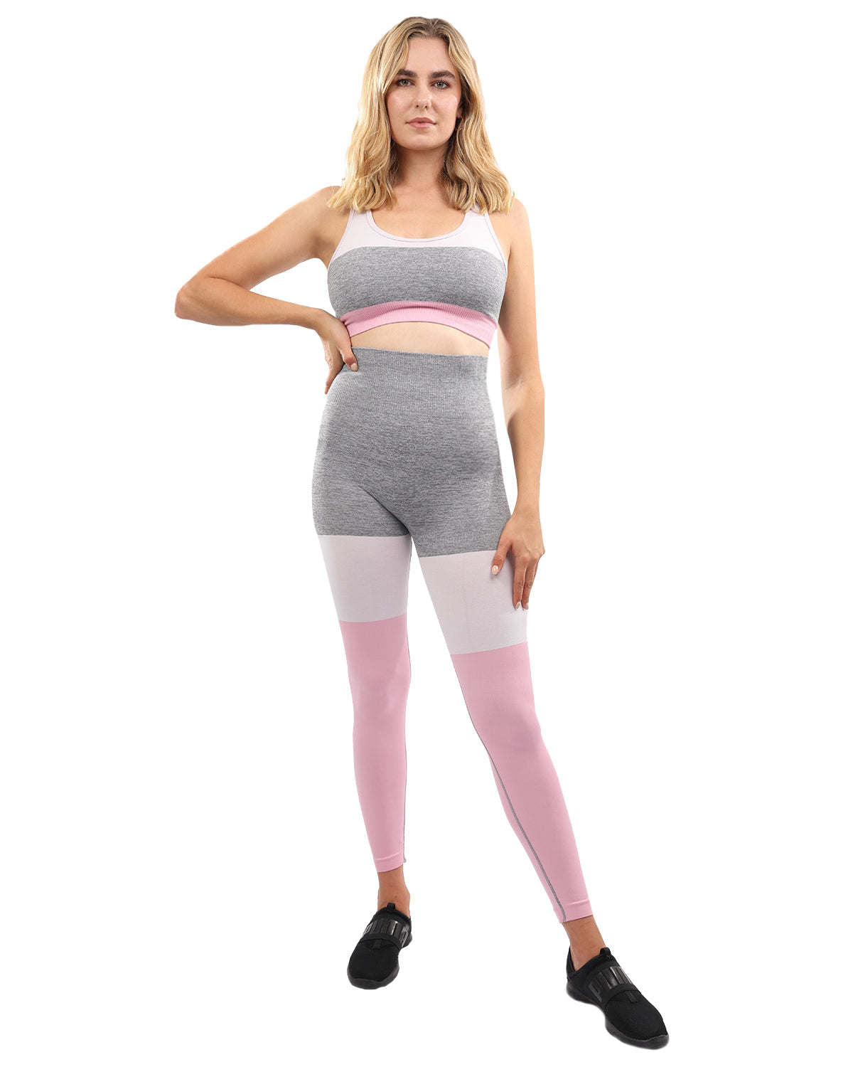Graca Seamless Leggings & Sports Bra Set - Grey with Pink & White - Tonkn